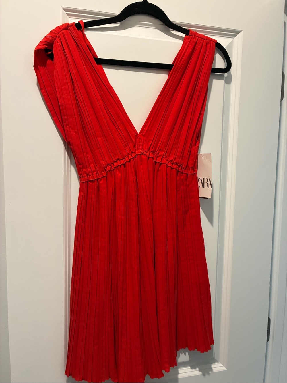 Zara One-Shoulder Red Pleated V-Neck Dress
